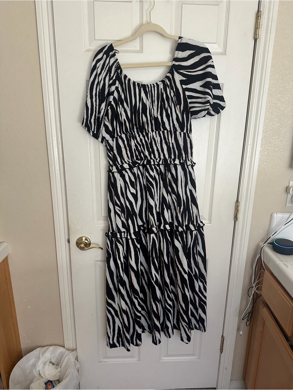 next Black and White Zebra Tiered Midi Dress with Puff Sleeves